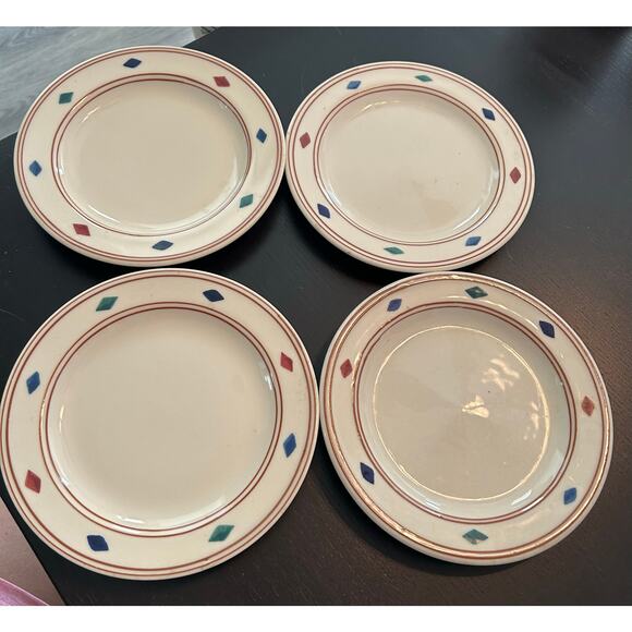 4 Salad Plates Cheyenne Hartstone AZtec Design USA Blue Green Red Diamond Shapes - Picture 1 of 5
